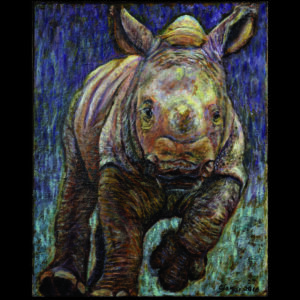 Oil on Canvas Painting of Baby Rhino running by Carol Sakai