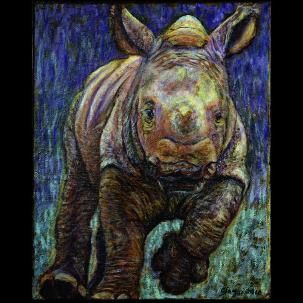 Oil on Canvas Painting of Baby Rhino running by Carol Sakai